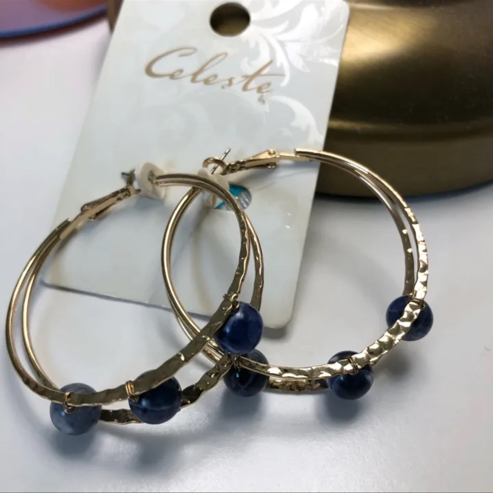 NEW Golden Faux Blue Lapis Lazuli Hoop Earrings